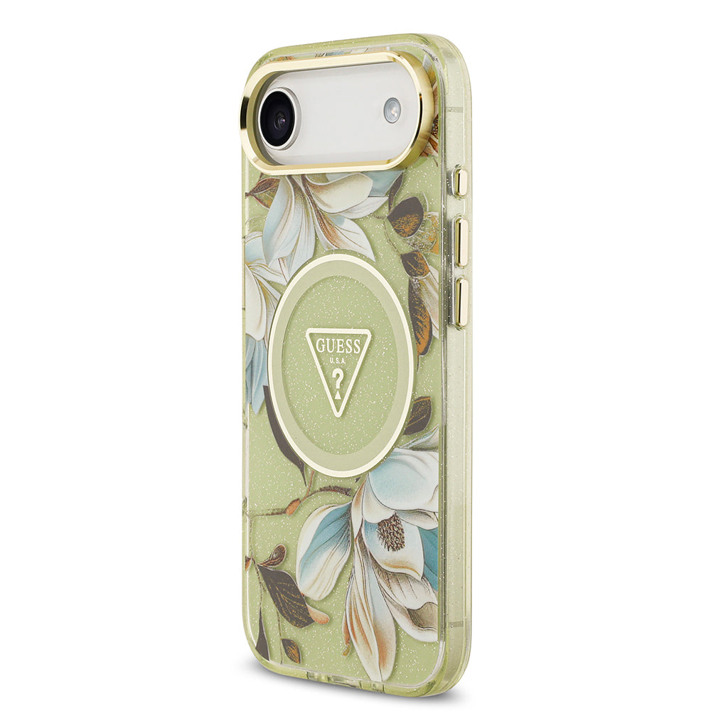 Guess iPhone 17 Air Orjinal Lisanslı M-safe Şarj Özellikli Simli Çiçek Desenli Metal Kamera Çerçeveli Üçgen Logolu Kılıf