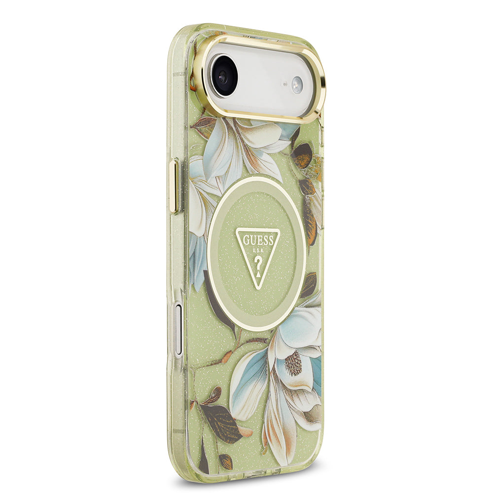 Guess iPhone 17 Air Orjinal Lisanslı M-safe Şarj Özellikli Simli Çiçek Desenli Metal Kamera Çerçeveli Üçgen Logolu Kılıf
