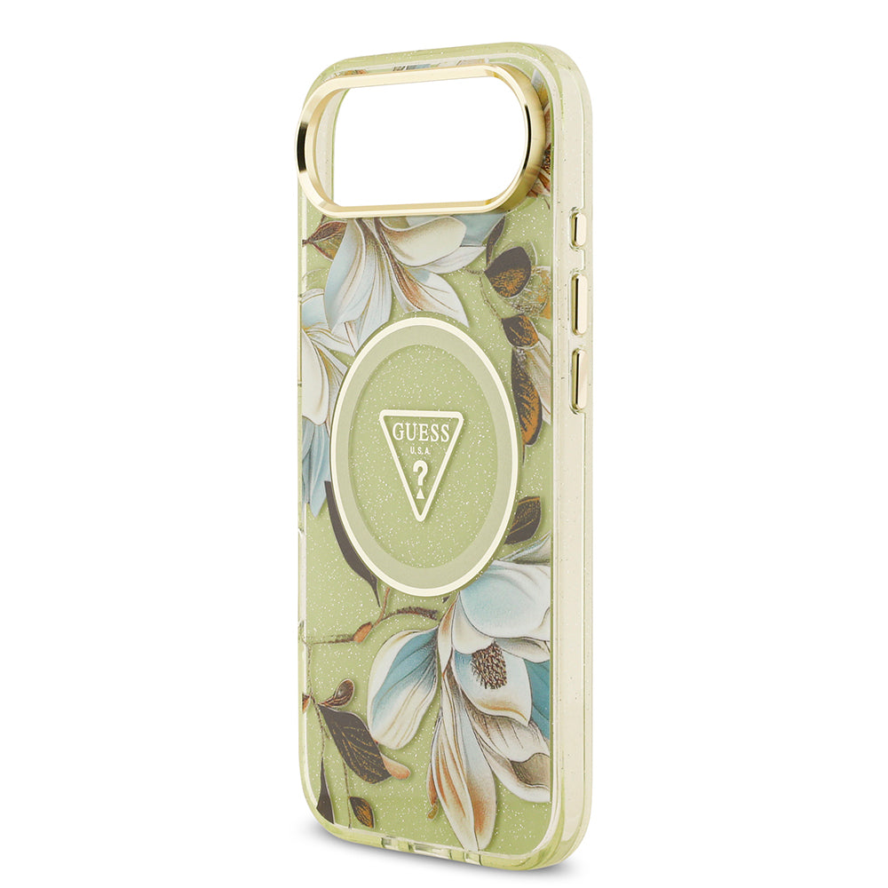 Guess iPhone 17 Air Orjinal Lisanslı M-safe Şarj Özellikli Simli Çiçek Desenli Metal Kamera Çerçeveli Üçgen Logolu Kılıf