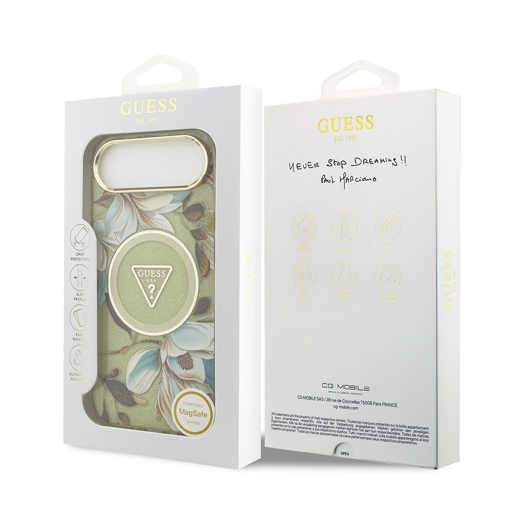 Guess iPhone 17 Air Orjinal Lisanslı M-safe Şarj Özellikli Simli Çiçek Desenli Metal Kamera Çerçeveli Üçgen Logolu Kılıf
