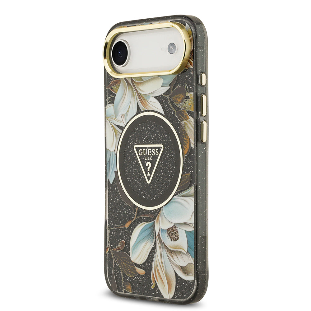 Guess iPhone 17 Air Orjinal Lisanslı M-safe Şarj Özellikli Simli Çiçek Desenli Metal Kamera Çerçeveli Üçgen Logolu Kılıf