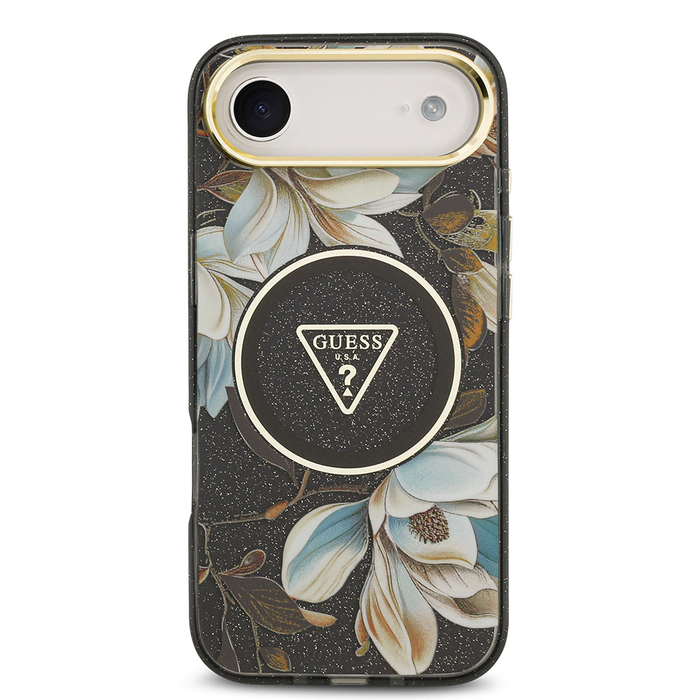 Guess iPhone 17 Air Orjinal Lisanslı M-safe Şarj Özellikli Simli Çiçek Desenli Metal Kamera Çerçeveli Üçgen Logolu Kılıf