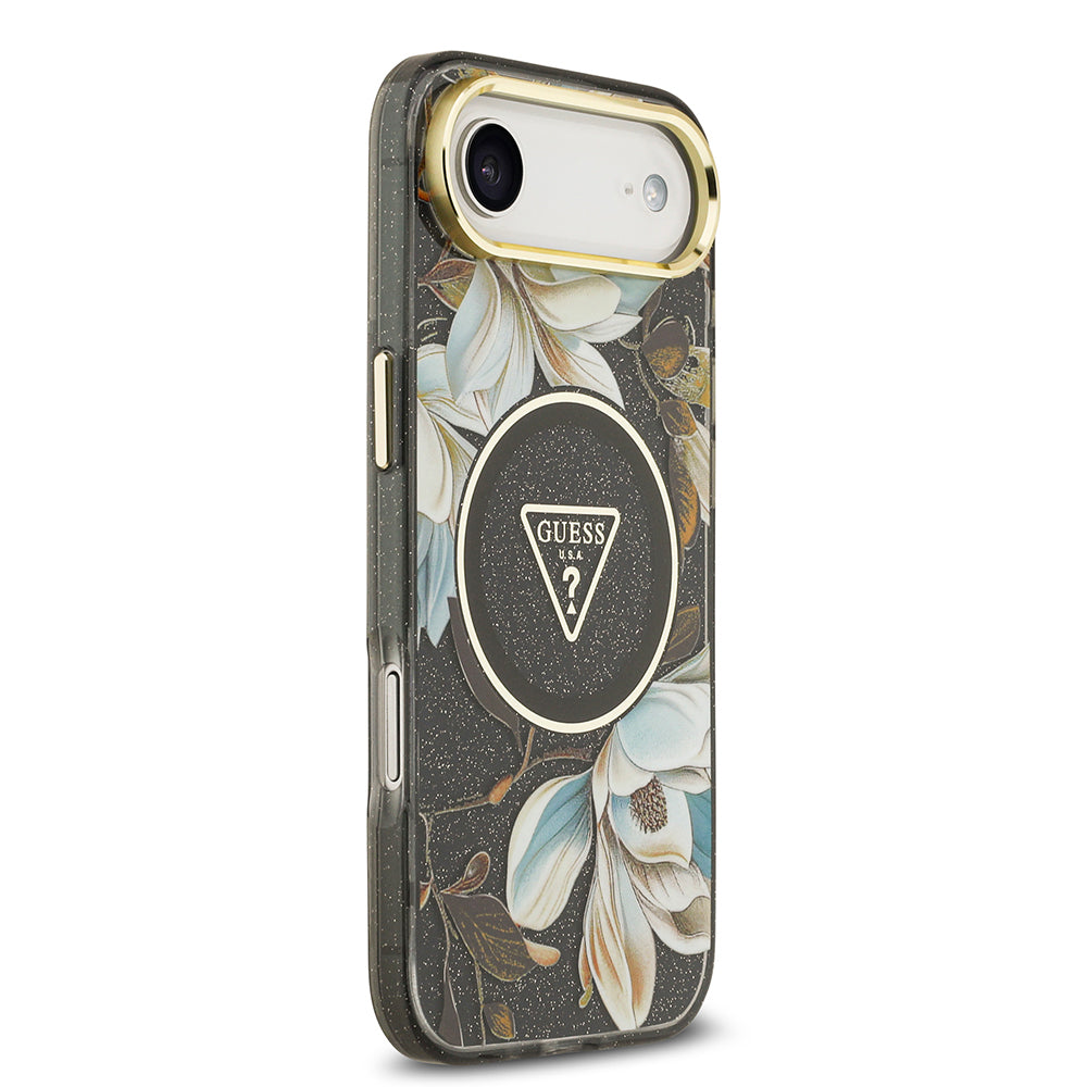 Guess iPhone 17 Air Orjinal Lisanslı M-safe Şarj Özellikli Simli Çiçek Desenli Metal Kamera Çerçeveli Üçgen Logolu Kılıf