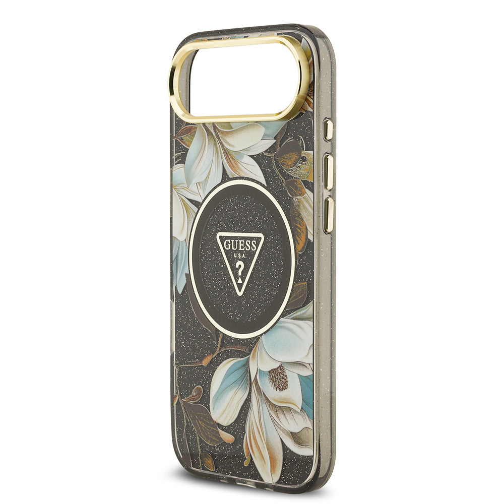 Guess iPhone 17 Air Orjinal Lisanslı M-safe Şarj Özellikli Simli Çiçek Desenli Metal Kamera Çerçeveli Üçgen Logolu Kılıf