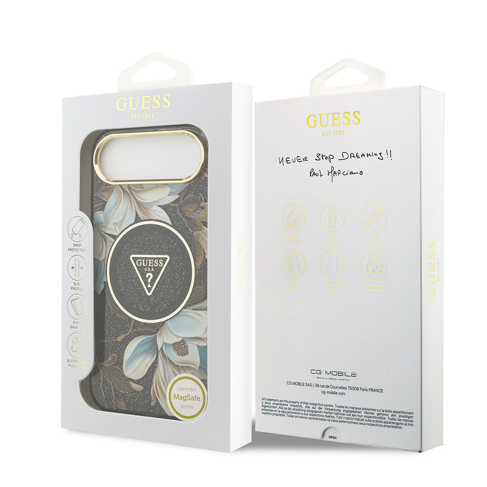 Guess iPhone 17 Air Orjinal Lisanslı M-safe Şarj Özellikli Simli Çiçek Desenli Metal Kamera Çerçeveli Üçgen Logolu Kılıf