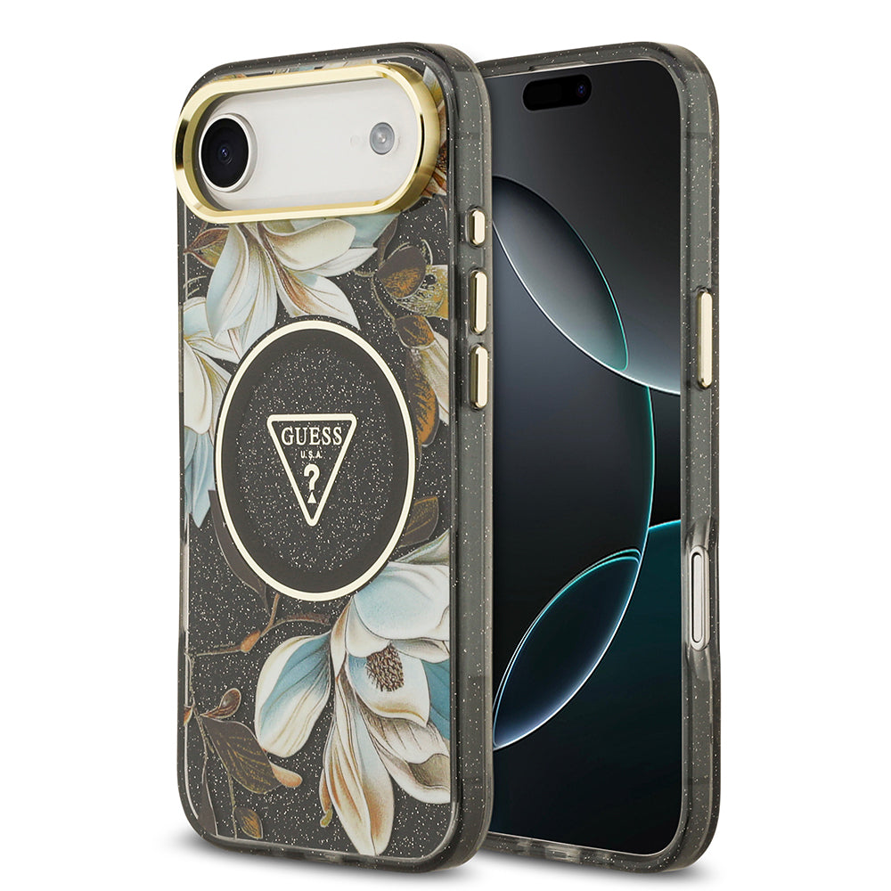 Guess iPhone 17 Air Orjinal Lisanslı M-safe Şarj Özellikli Simli Çiçek Desenli Metal Kamera Çerçeveli Üçgen Logolu Kılıf
