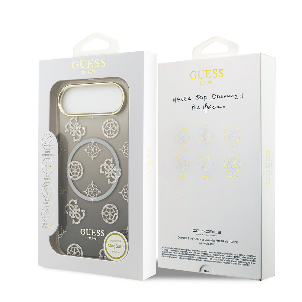 Guess iPhone 17 Air Orjinal Lisanslı M-safe Şarj Özellikli Simli Peony Desenli Silikon Kılıf