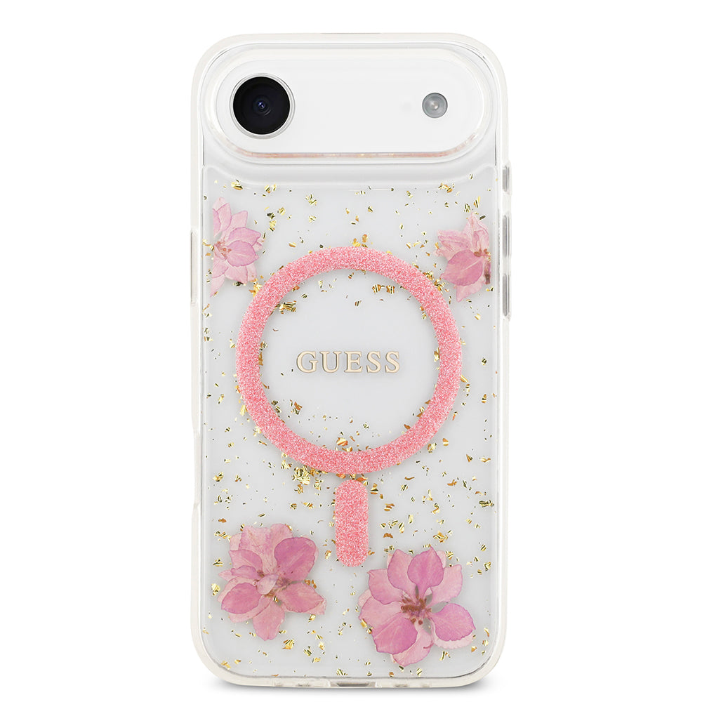 iPhone 17 Air Kılıf Guess Orjinal Lisanslı M-safe Şarj Özellikli Transparan Resin Flowers Kılıf