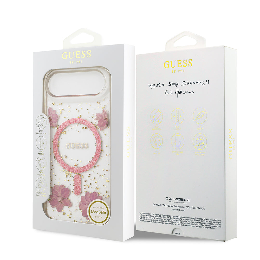 iPhone 17 Air Kılıf Guess Orjinal Lisanslı M-safe Şarj Özellikli Transparan Resin Flowers Kılıf