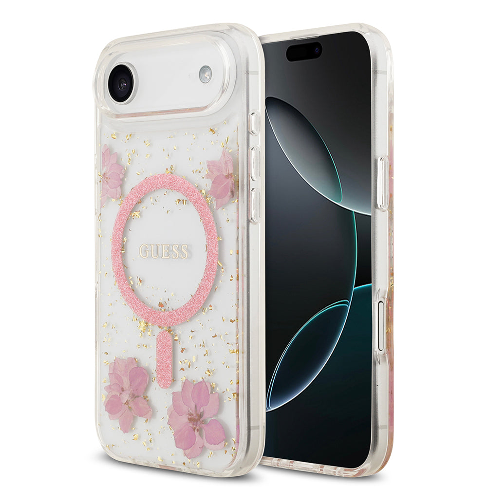 iPhone 17 Air Kılıf Guess Orjinal Lisanslı M-safe Şarj Özellikli Transparan Resin Flowers Kılıf