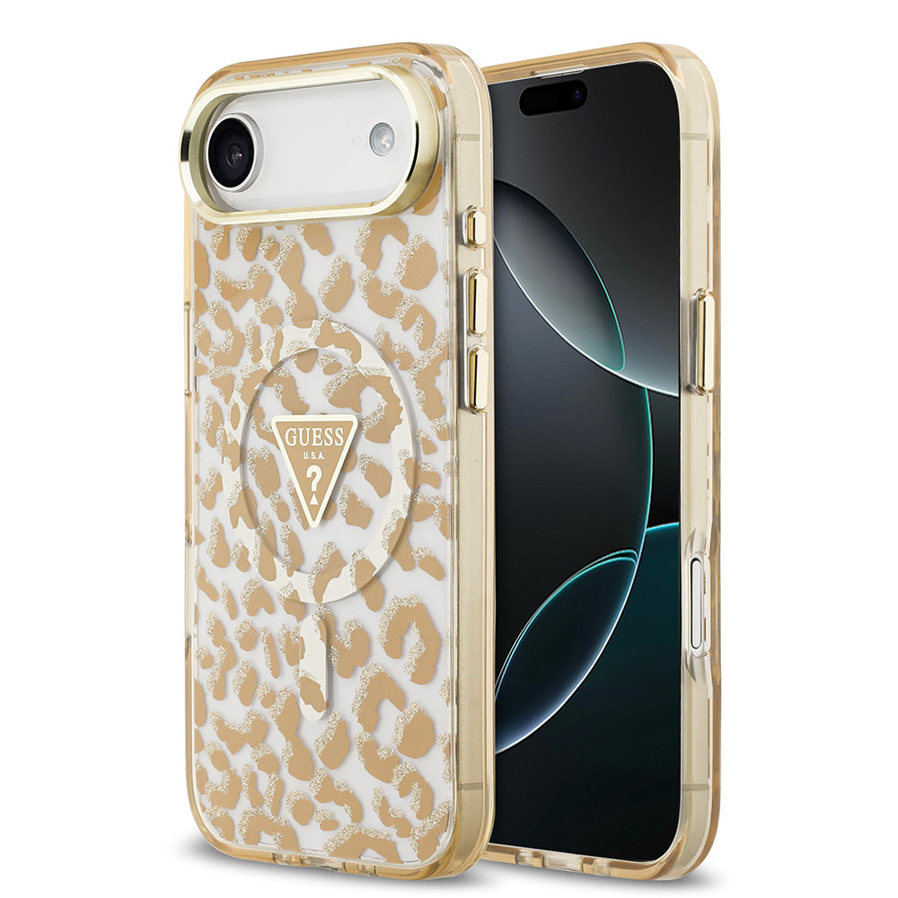 Guess iPhone 17 Air Orjinal Lisanslı M-safe Şarj Özellikli Üçgen Logolu Simli Leopar Desenli Kılıf
