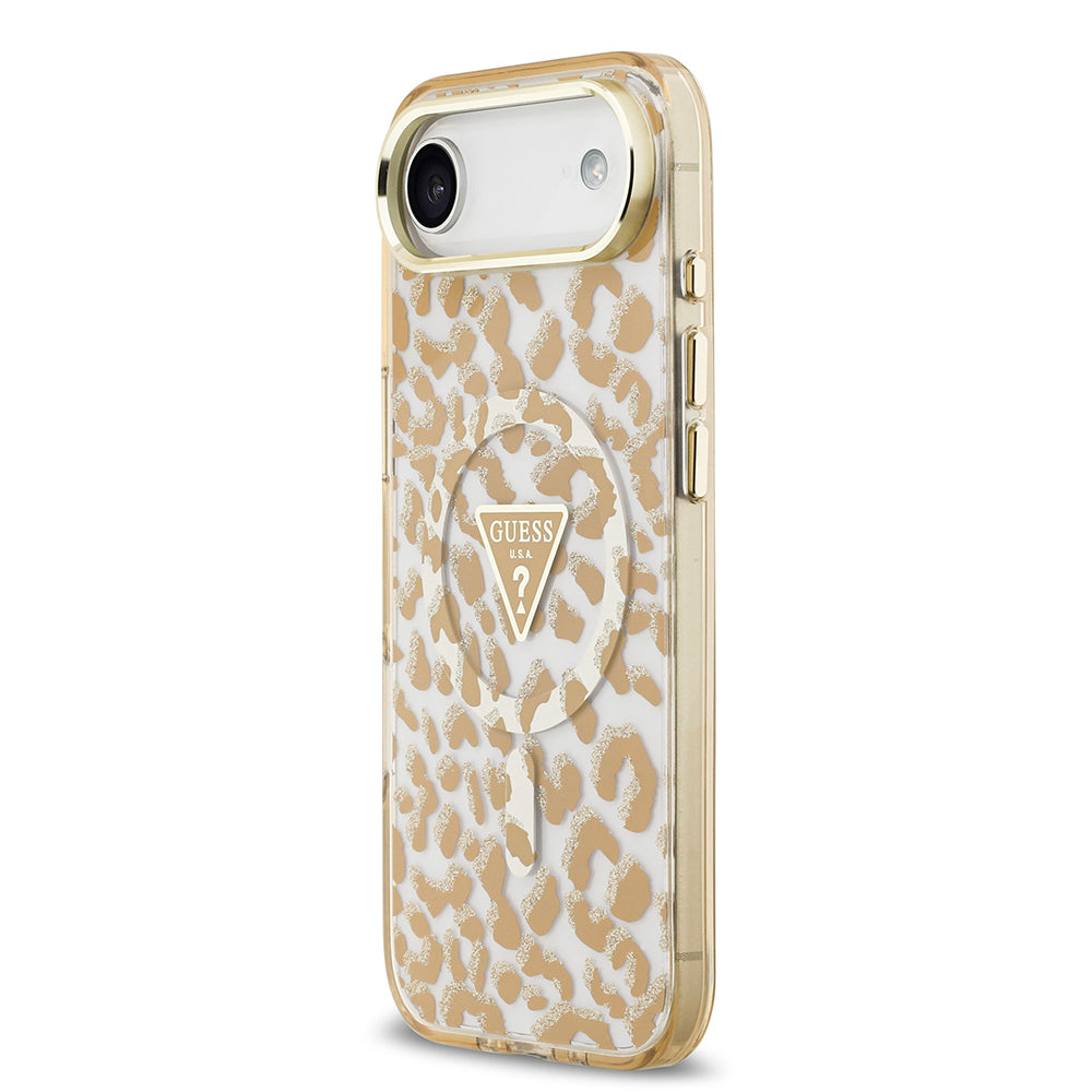 Guess iPhone 17 Air Orjinal Lisanslı M-safe Şarj Özellikli Üçgen Logolu Simli Leopar Desenli Kılıf