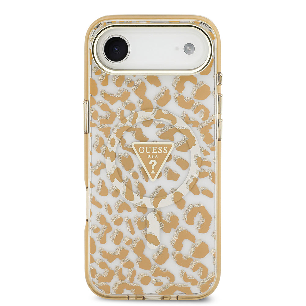 Guess iPhone 17 Air Orjinal Lisanslı M-safe Şarj Özellikli Üçgen Logolu Simli Leopar Desenli Kılıf