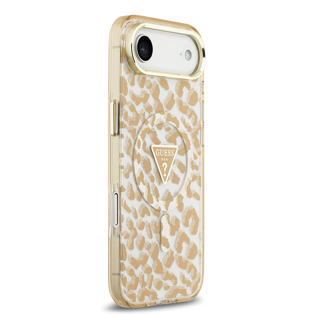 Guess iPhone 17 Air Orjinal Lisanslı M-safe Şarj Özellikli Üçgen Logolu Simli Leopar Desenli Kılıf
