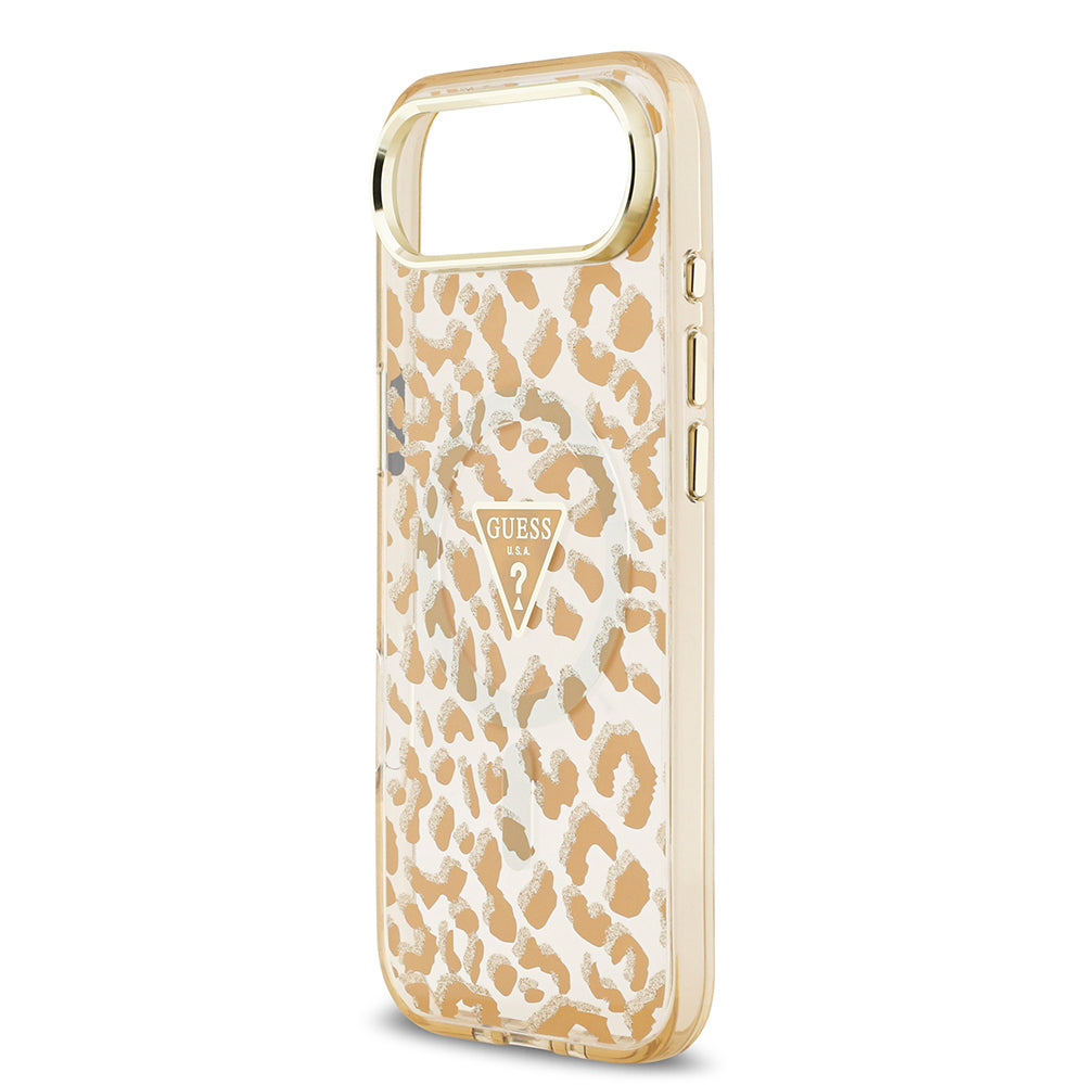 Guess iPhone 17 Air Orjinal Lisanslı M-safe Şarj Özellikli Üçgen Logolu Simli Leopar Desenli Kılıf