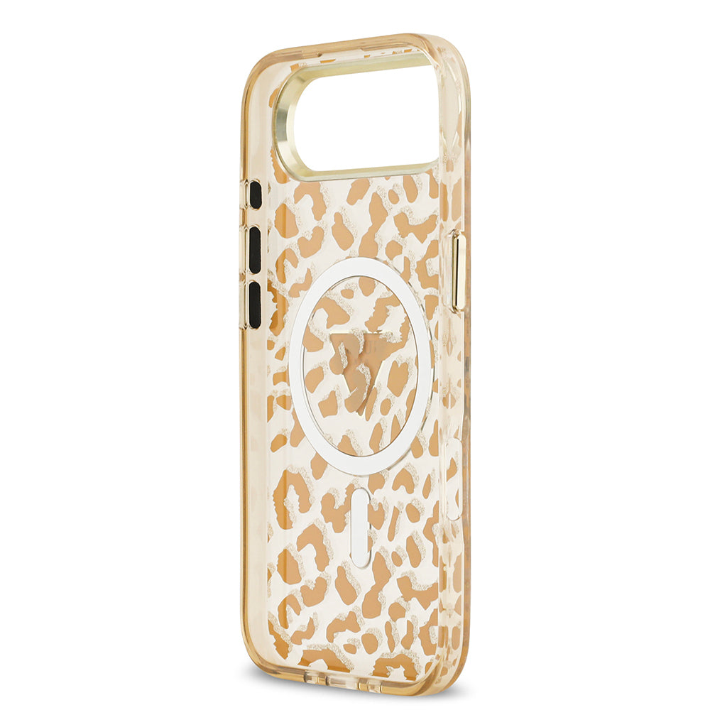 Guess iPhone 17 Air Orjinal Lisanslı M-safe Şarj Özellikli Üçgen Logolu Simli Leopar Desenli Kılıf