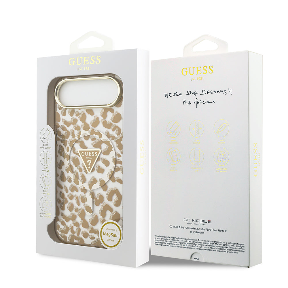 Guess iPhone 17 Air Orjinal Lisanslı M-safe Şarj Özellikli Üçgen Logolu Simli Leopar Desenli Kılıf