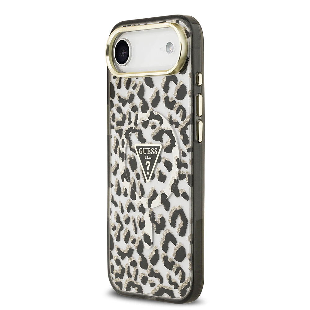 Guess iPhone 17 Air Orjinal Lisanslı M-safe Şarj Özellikli Üçgen Logolu Simli Leopar Desenli Kılıf