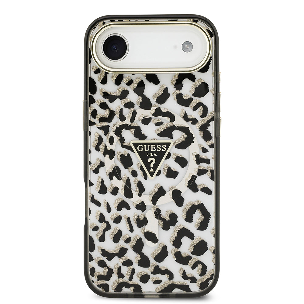 Guess iPhone 17 Air Orjinal Lisanslı M-safe Şarj Özellikli Üçgen Logolu Simli Leopar Desenli Kılıf