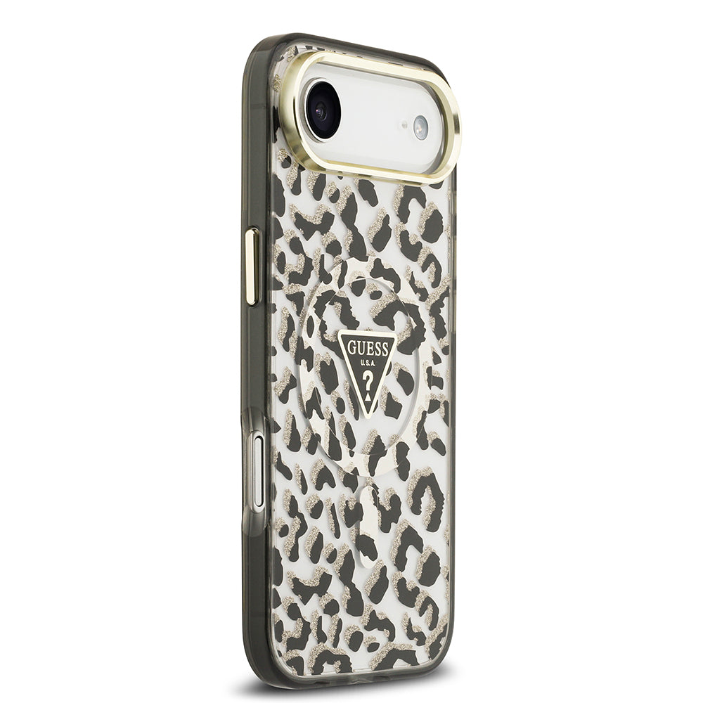 Guess iPhone 17 Air Orjinal Lisanslı M-safe Şarj Özellikli Üçgen Logolu Simli Leopar Desenli Kılıf
