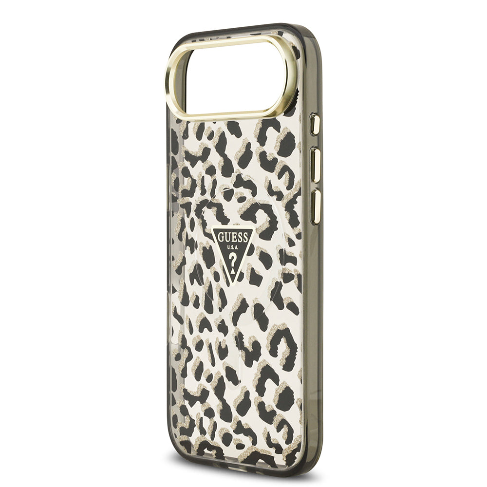 Guess iPhone 17 Air Orjinal Lisanslı M-safe Şarj Özellikli Üçgen Logolu Simli Leopar Desenli Kılıf