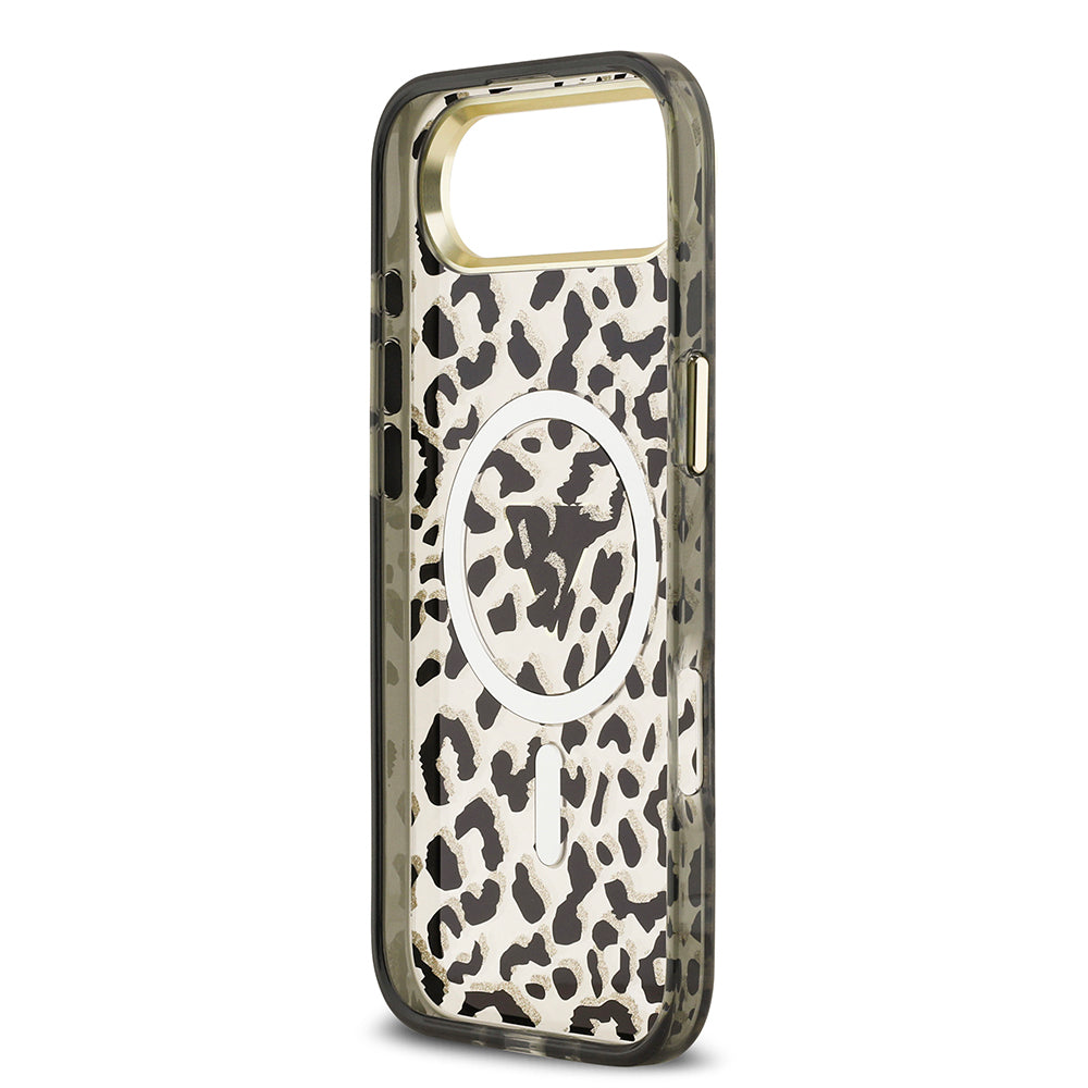 Guess iPhone 17 Air Orjinal Lisanslı M-safe Şarj Özellikli Üçgen Logolu Simli Leopar Desenli Kılıf