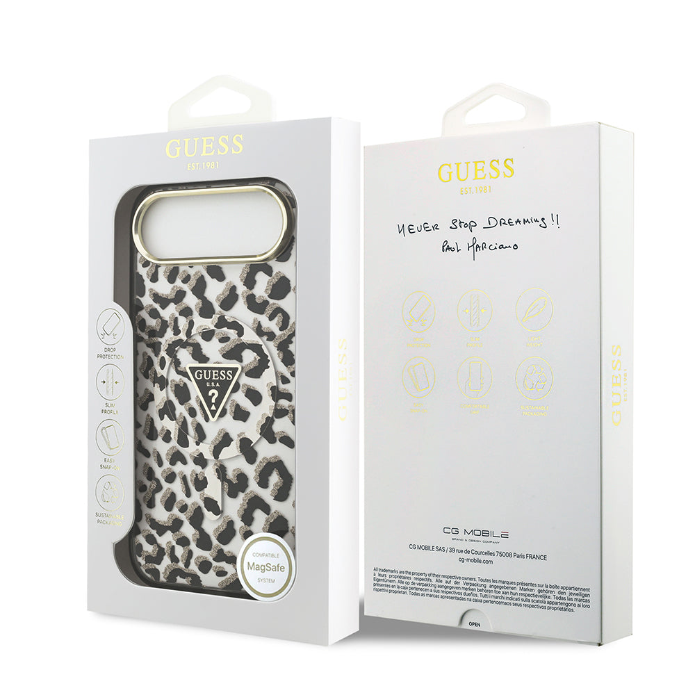 Guess iPhone 17 Air Orjinal Lisanslı M-safe Şarj Özellikli Üçgen Logolu Simli Leopar Desenli Kılıf