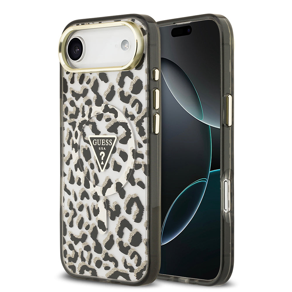 Guess iPhone 17 Air Orjinal Lisanslı M-safe Şarj Özellikli Üçgen Logolu Simli Leopar Desenli Kılıf
