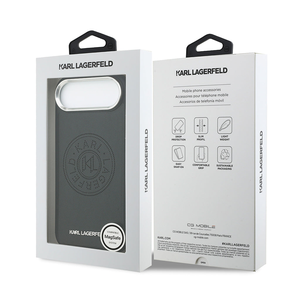 Karl Lagerfeld iPhone 17 Air Orjinal Lisanslı M-safe Şarj Özellikli Delikli Tasarım Metal Logolu PU Deri Kılıf