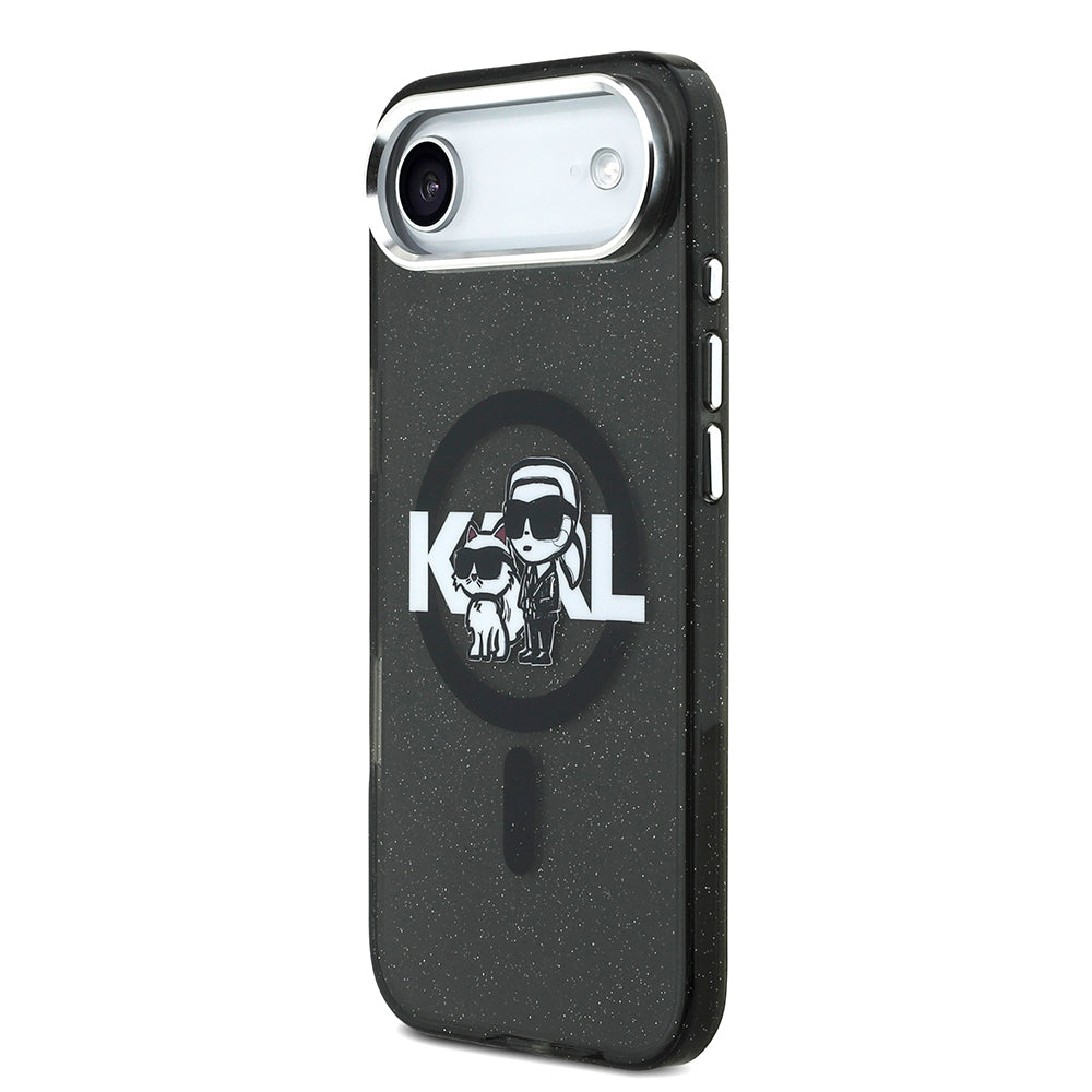 Karl Lagerfeld iPhone 17 Air Orjinal Lisanslı Parlayan Simli Karl & Choupette Sketch Logo Kılıf