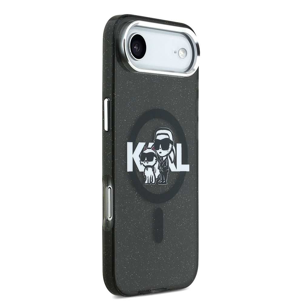 Karl Lagerfeld iPhone 17 Air Orjinal Lisanslı Parlayan Simli Karl & Choupette Sketch Logo Kılıf