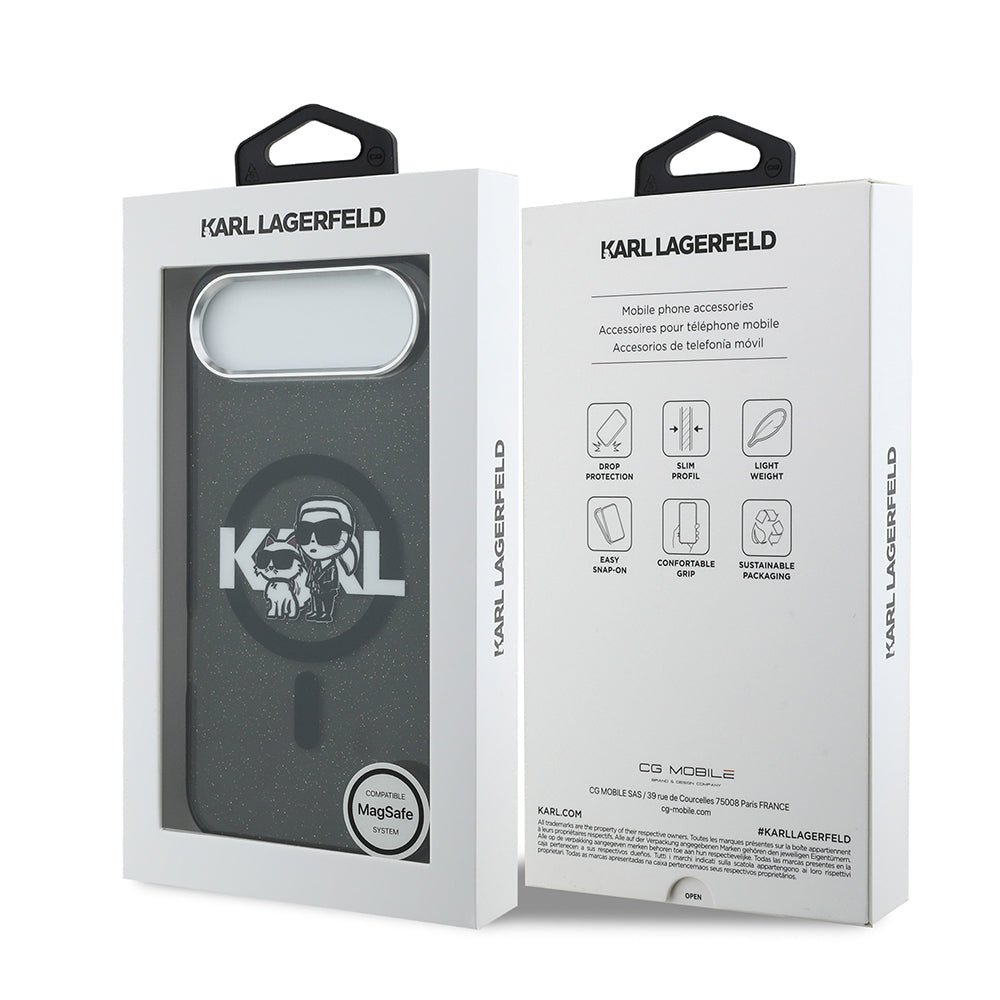 Karl Lagerfeld iPhone 17 Air Orjinal Lisanslı Parlayan Simli Karl & Choupette Sketch Logo Kılıf