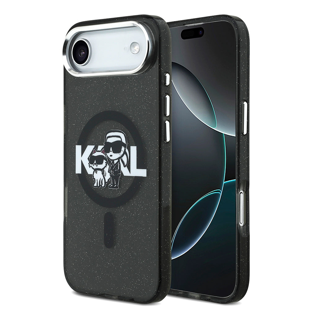 Karl Lagerfeld iPhone 17 Air Orjinal Lisanslı Parlayan Simli Karl & Choupette Sketch Logo Kılıf
