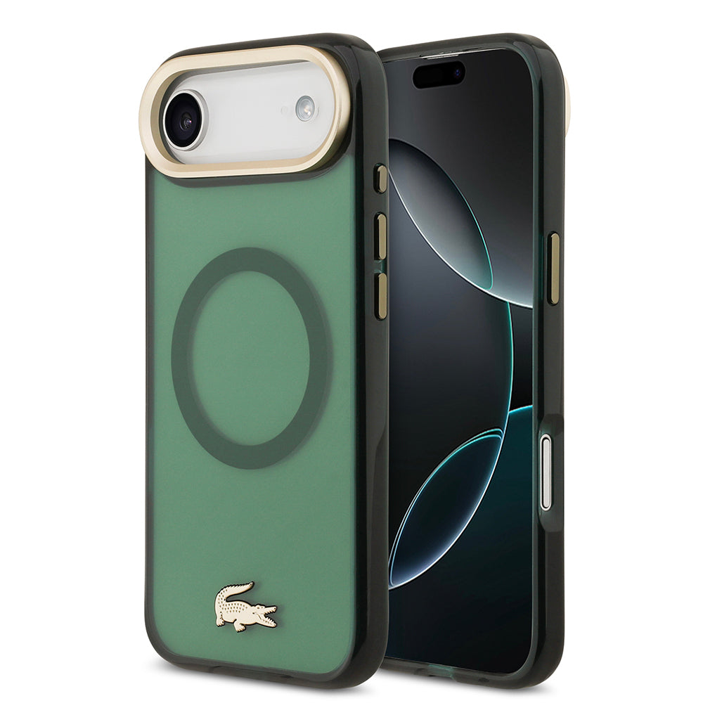 Lacoste iPhone 17 Air Orjinal Lisanslı M-safe Şarj Özellikli Gold Timsah Logolu Buzlu Kılıf