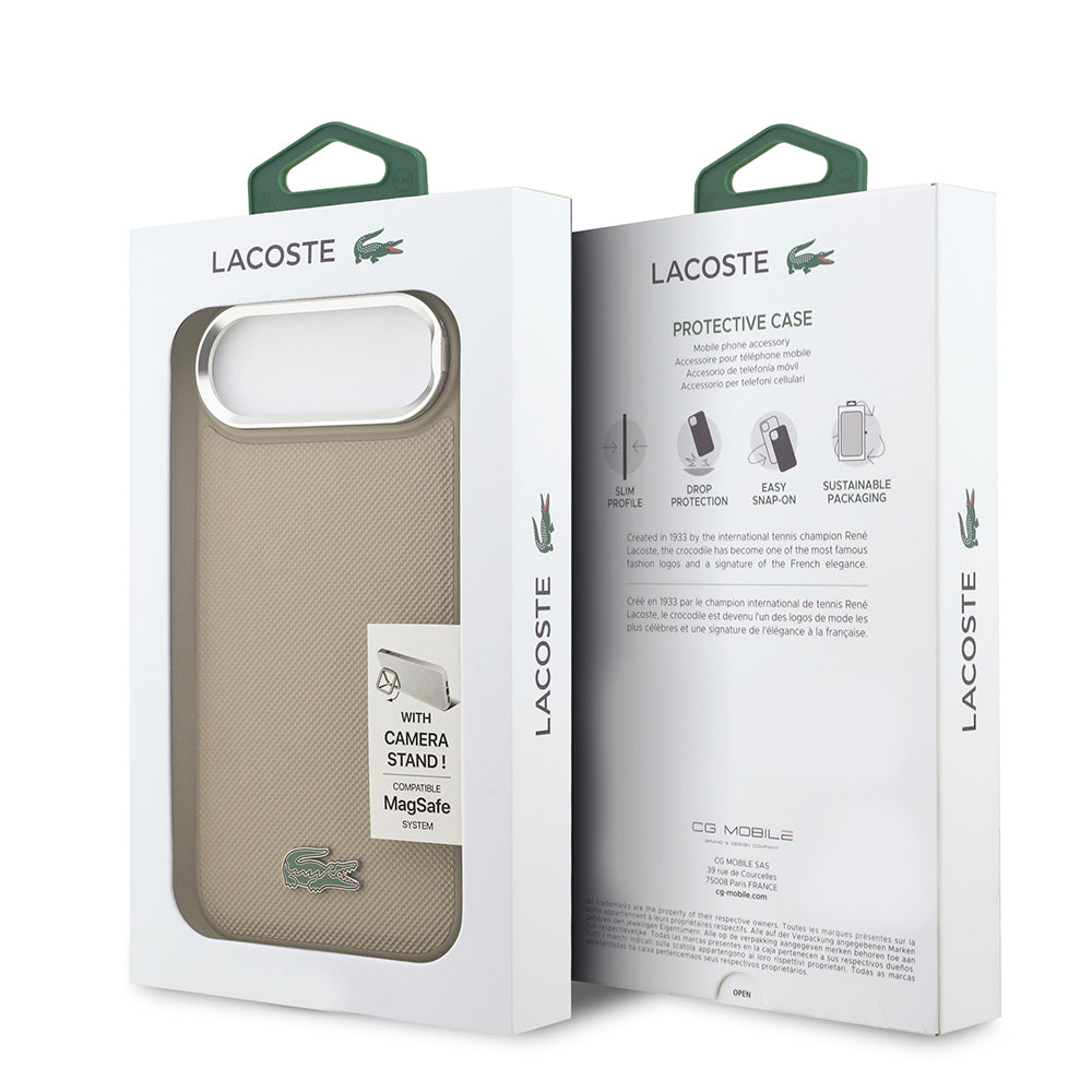 Lacoste iPhone 17 Air Orjinal Lisanslı M-safe Şarj Özellikli PU Pike Desenli Standlı Metal Logolu Kılıf