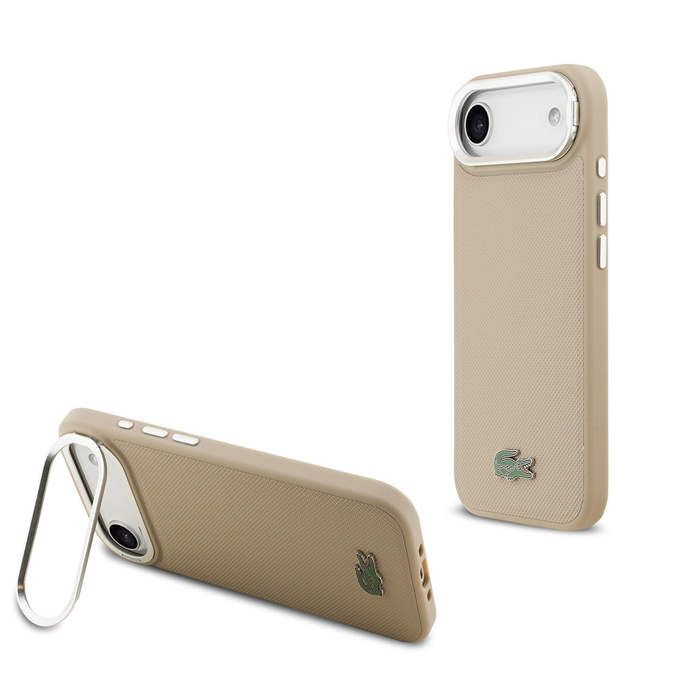 Lacoste iPhone 17 Air Orjinal Lisanslı M-safe Şarj Özellikli PU Pike Desenli Standlı Metal Logolu Kılıf