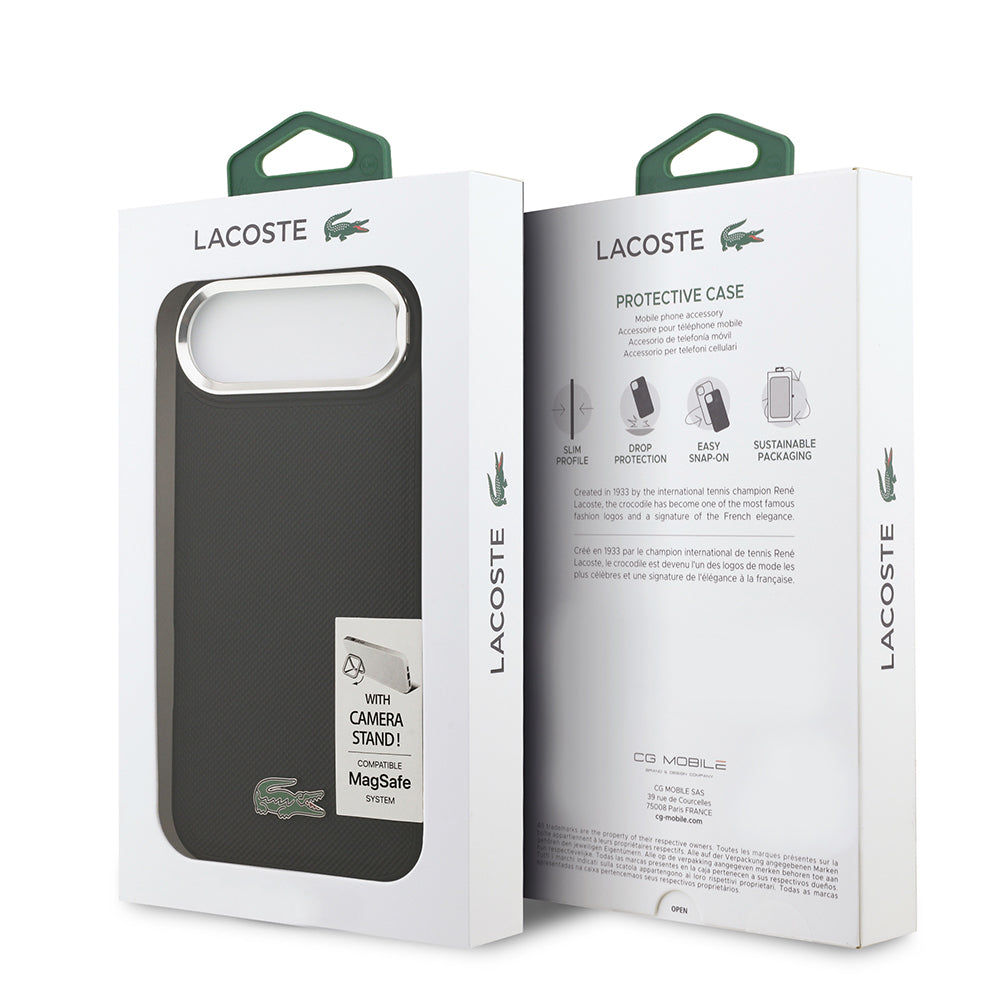 Lacoste iPhone 17 Air Orjinal Lisanslı M-safe Şarj Özellikli PU Pike Desenli Standlı Metal Logolu Kılıf