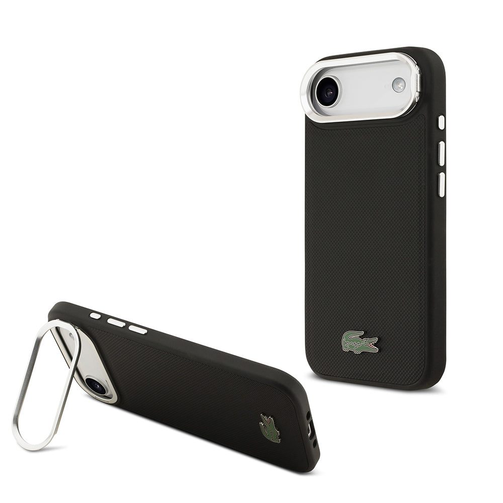 Lacoste iPhone 17 Air Orjinal Lisanslı M-safe Şarj Özellikli PU Pike Desenli Standlı Metal Logolu Kılıf