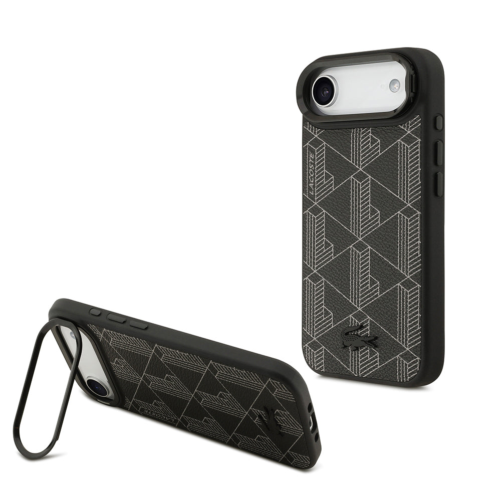 Lacoste iPhone 17 Air Orjinal Lisanslı M-safe Şarj Özellikli Standlı PU Deri Karışık Monogram Desenli Kılıf
