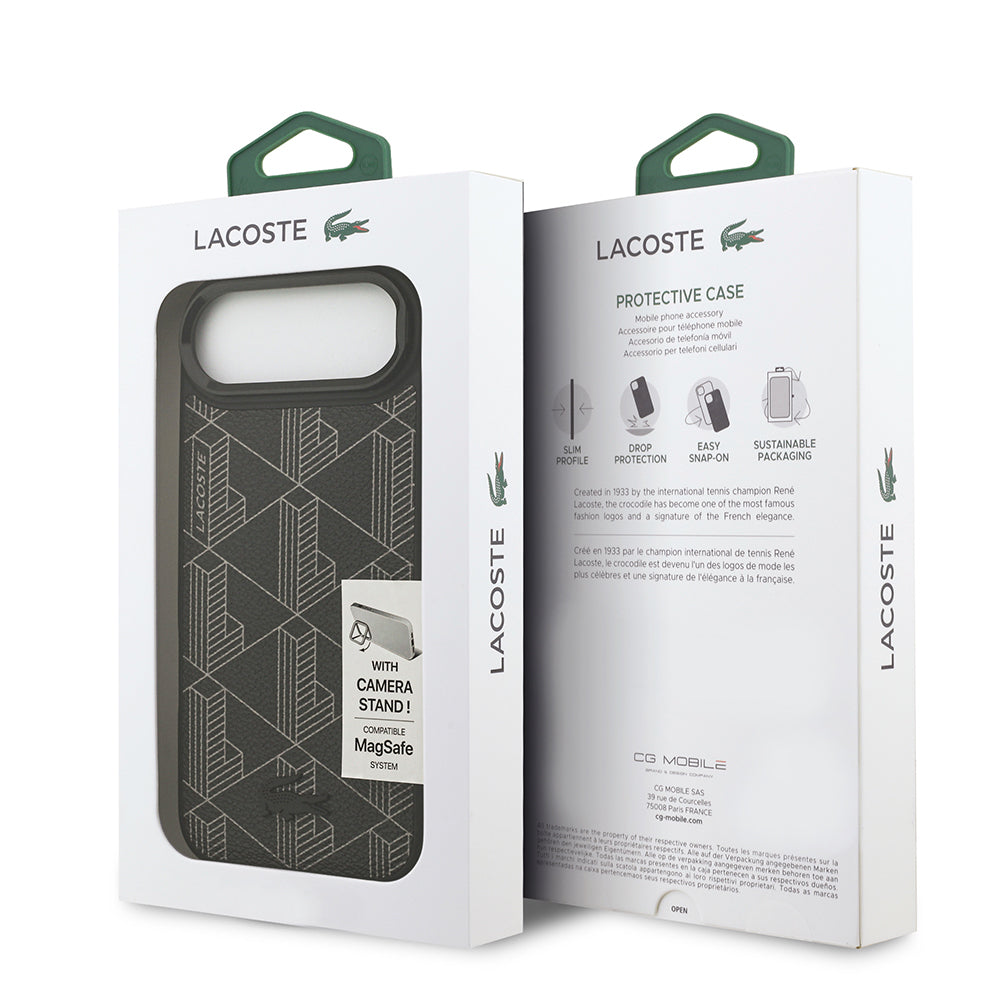 Lacoste iPhone 17 Air Orjinal Lisanslı M-safe Şarj Özellikli Standlı PU Deri Karışık Monogram Desenli Kılıf