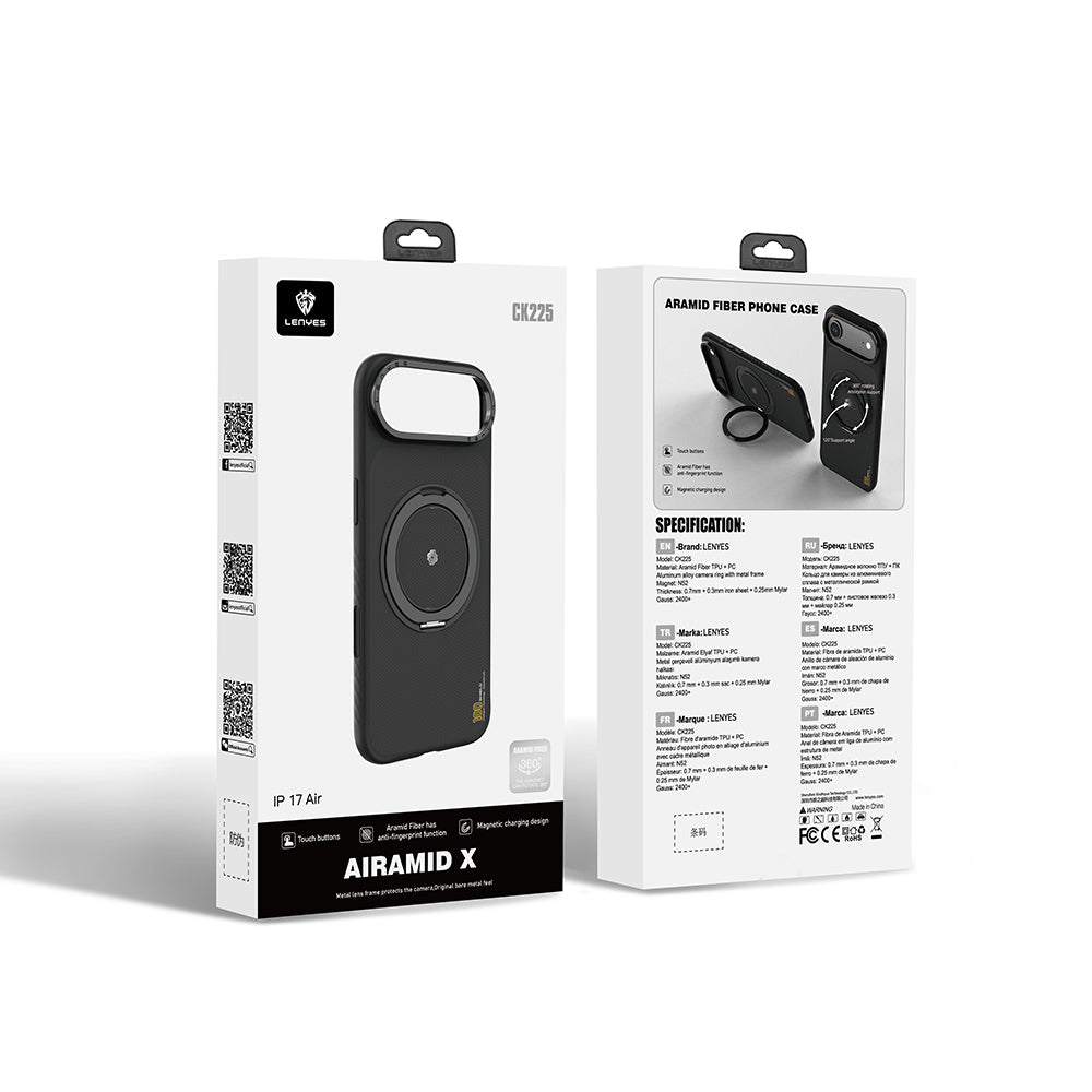 Lenyes CK225 Kevlar iPhone 17 Air M-safe Şarj Özellikli Metal Standlı Telefon Kılıfı