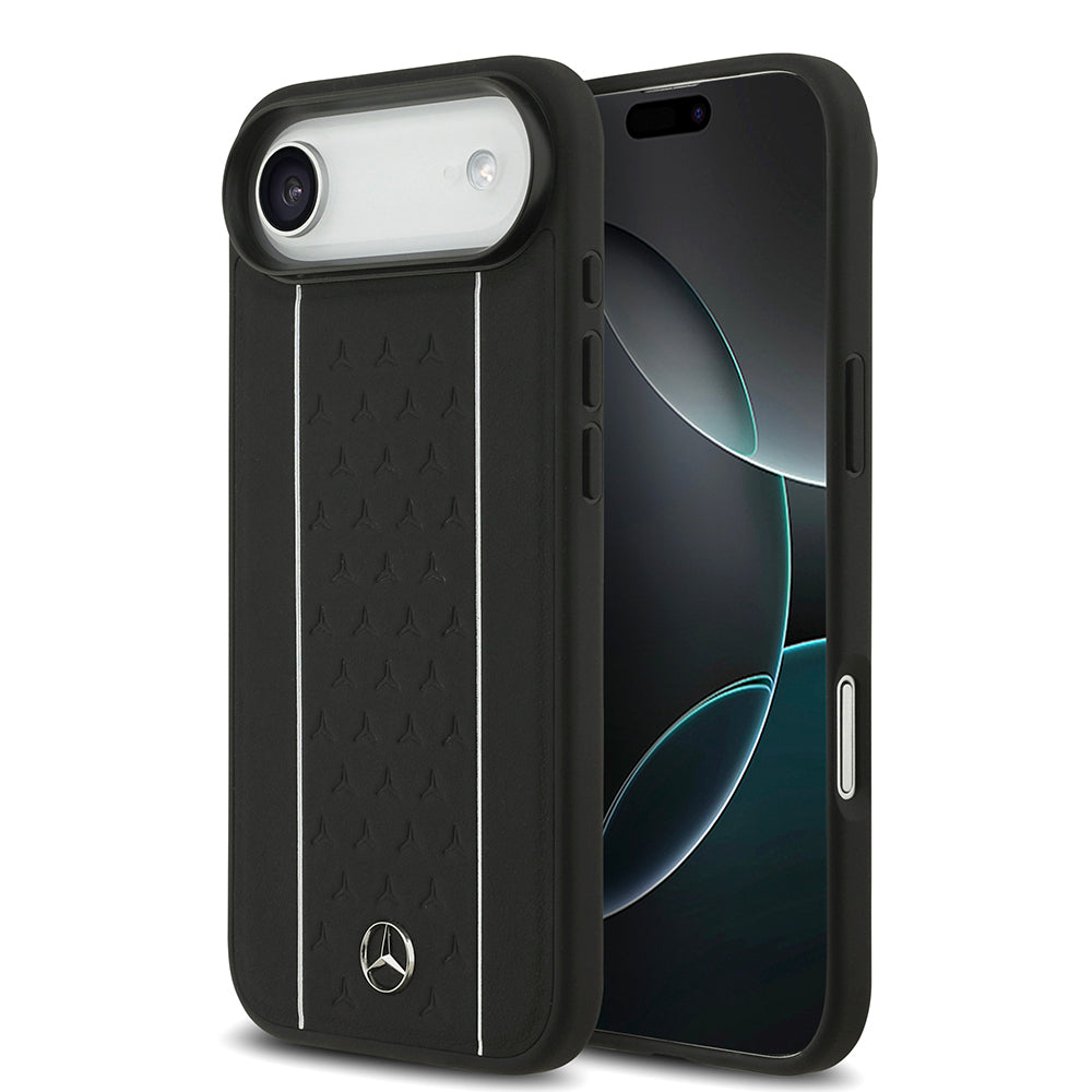 Mercedes Benz iPhone 17 Air Orjinal Lisanslı M-safe Şarj Özellikli Şeritli Yıldız Desenli Metal Logolu Deri Kılıf