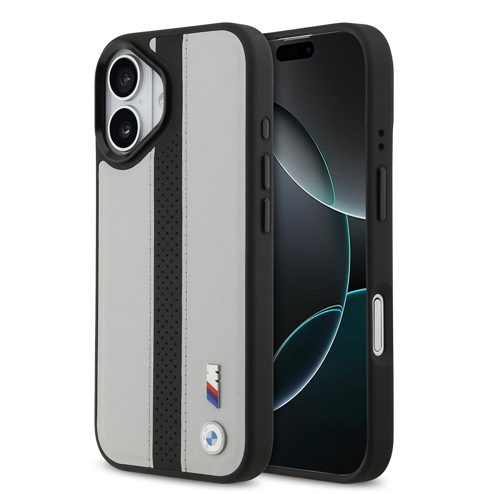 BMW iPhone 17 Orjinal Lisanslı M-safe Şarj Özellikli Deri Arka Yüzey Metal Logolu Delikli Şerit Tasarımlı Kılıf