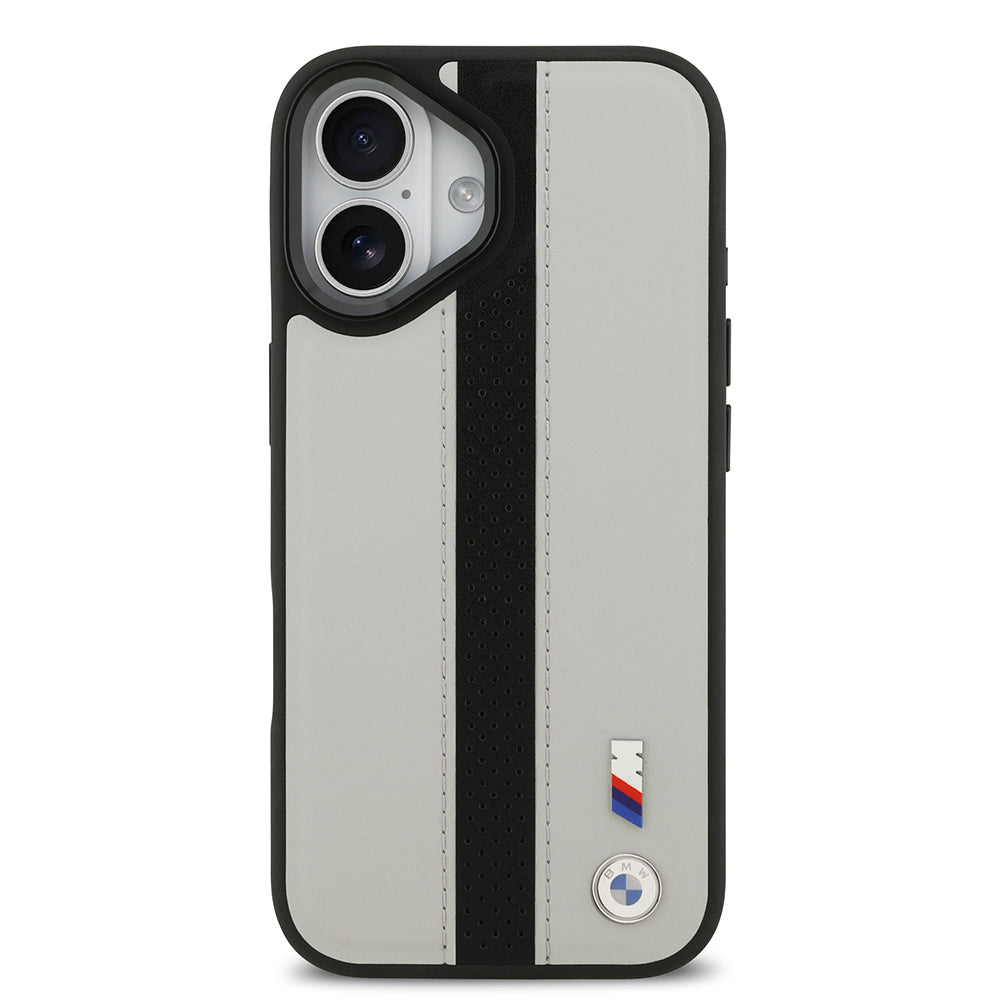BMW iPhone 17 Orjinal Lisanslı M-safe Şarj Özellikli Deri Arka Yüzey Metal Logolu Delikli Şerit Tasarımlı Kılıf