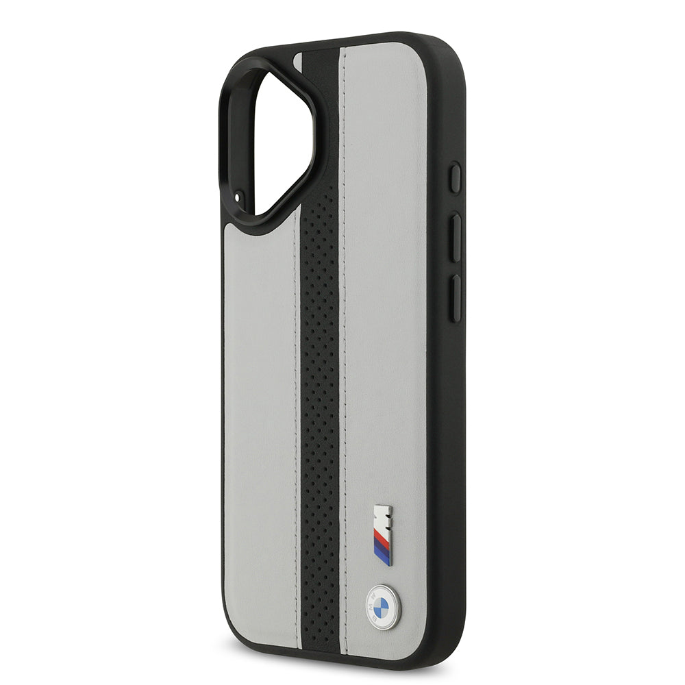 BMW iPhone 17 Orjinal Lisanslı M-safe Şarj Özellikli Deri Arka Yüzey Metal Logolu Delikli Şerit Tasarımlı Kılıf