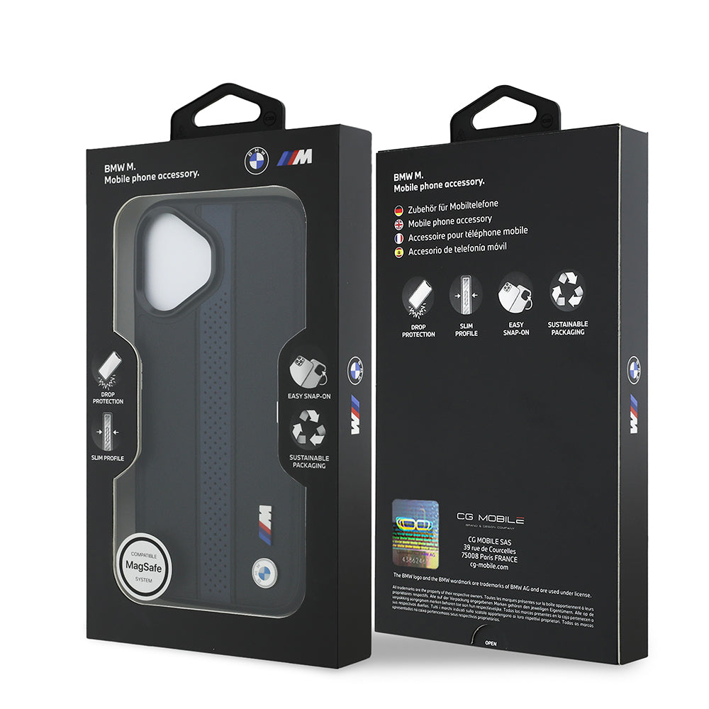 BMW iPhone 17 Orjinal Lisanslı M-safe Şarj Özellikli Deri Arka Yüzey Metal Logolu Delikli Şerit Tasarımlı Kılıf