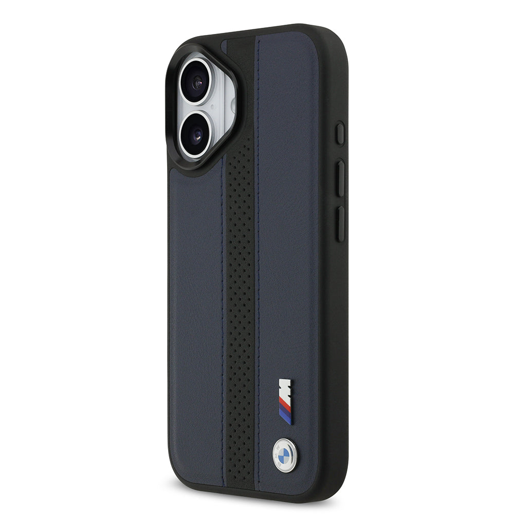 BMW iPhone 17 Orjinal Lisanslı M-safe Şarj Özellikli Deri Arka Yüzey Metal Logolu Delikli Şerit Tasarımlı Kılıf