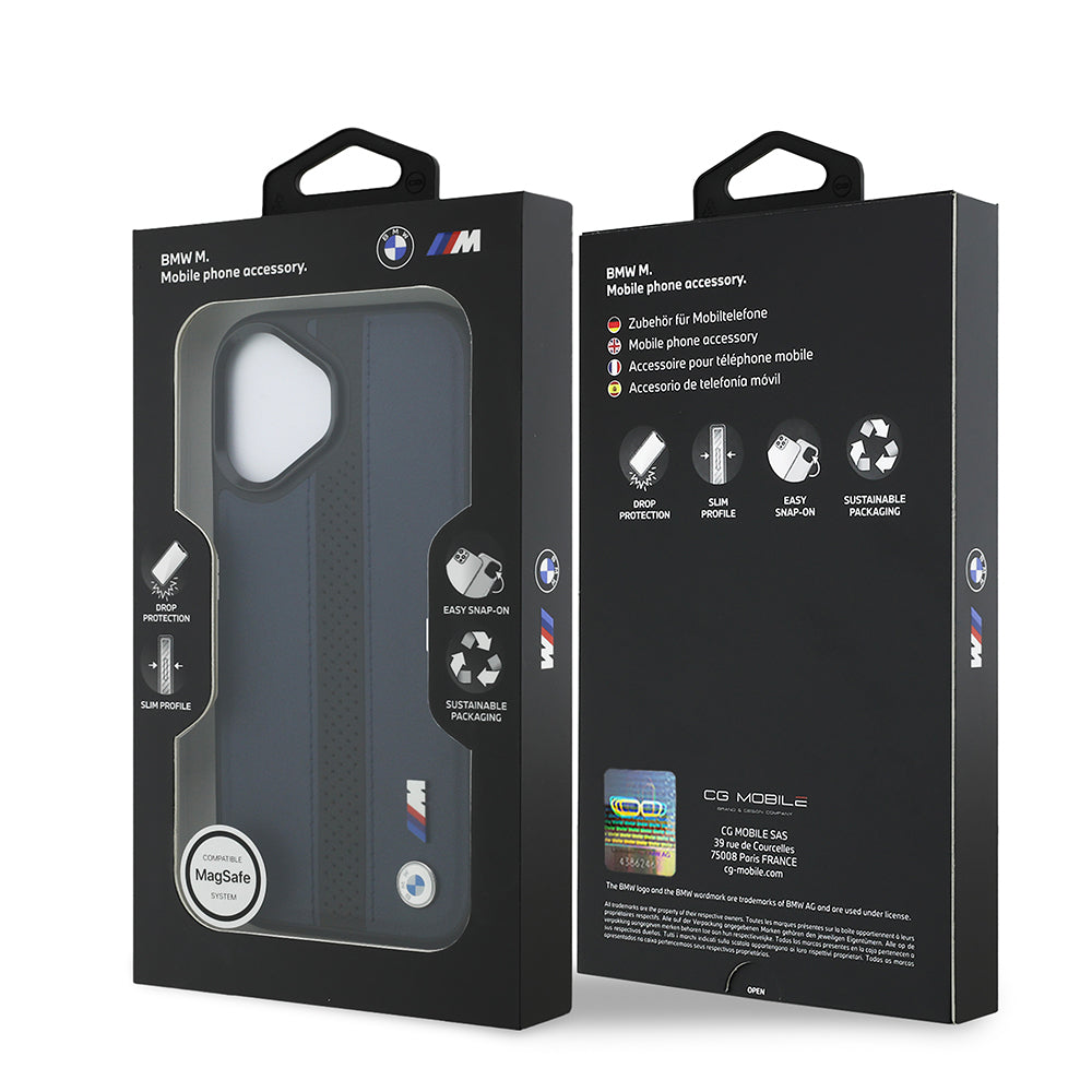 BMW iPhone 17 Orjinal Lisanslı M-safe Şarj Özellikli Deri Arka Yüzey Metal Logolu Delikli Şerit Tasarımlı Kılıf