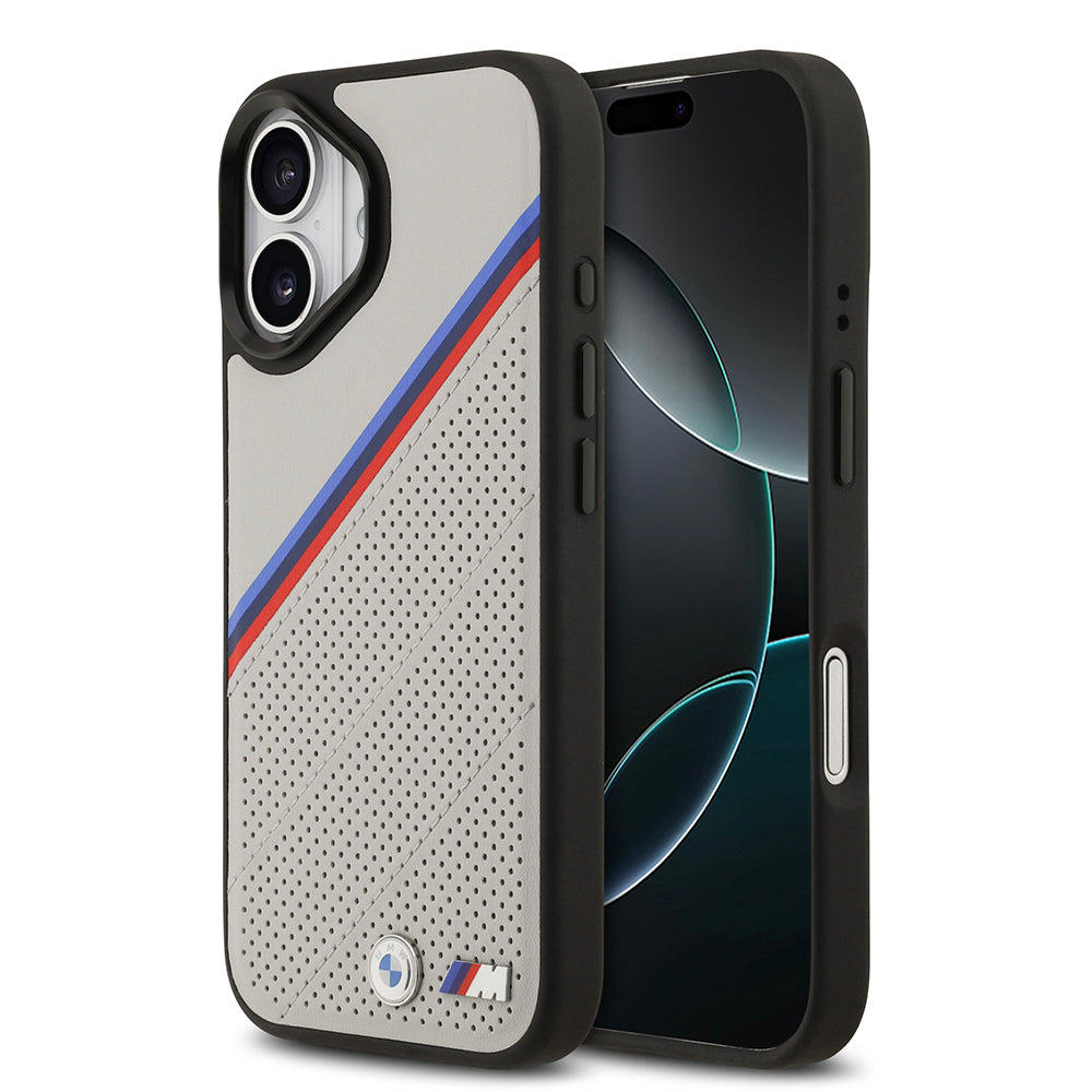 BMW iPhone 17 Orjinal Lisanslı M-safe Şarj Özellikli M Logolu Üç Şeritli Delikli Deri Kılıf