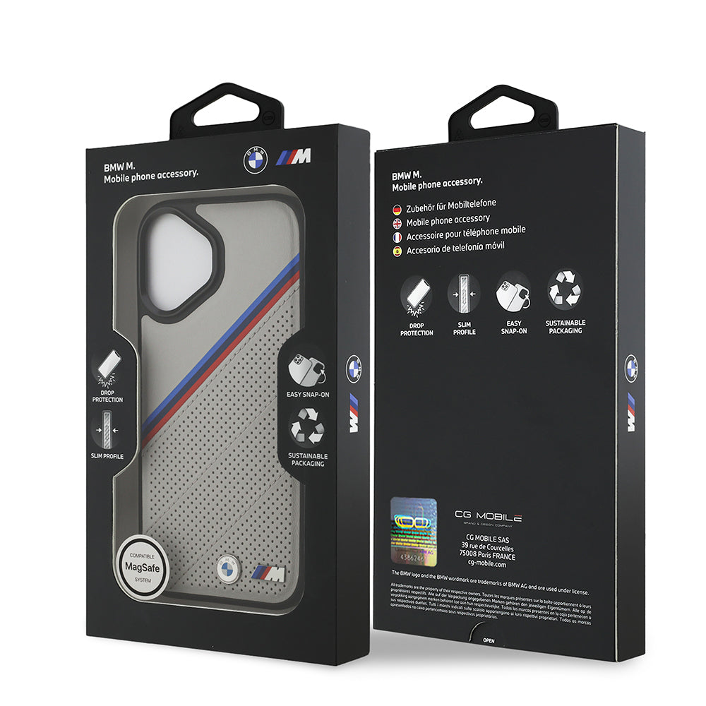 BMW iPhone 17 Orjinal Lisanslı M-safe Şarj Özellikli M Logolu Üç Şeritli Delikli Deri Kılıf